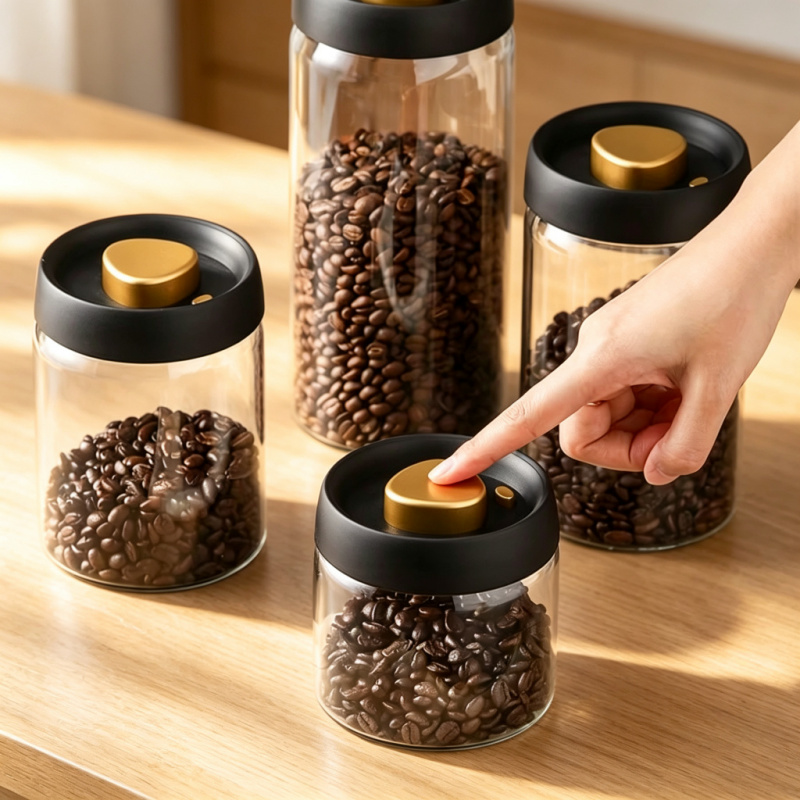 Coffee Tea And Bean - Manual Vacuum Sealed Glass Jar Multi
