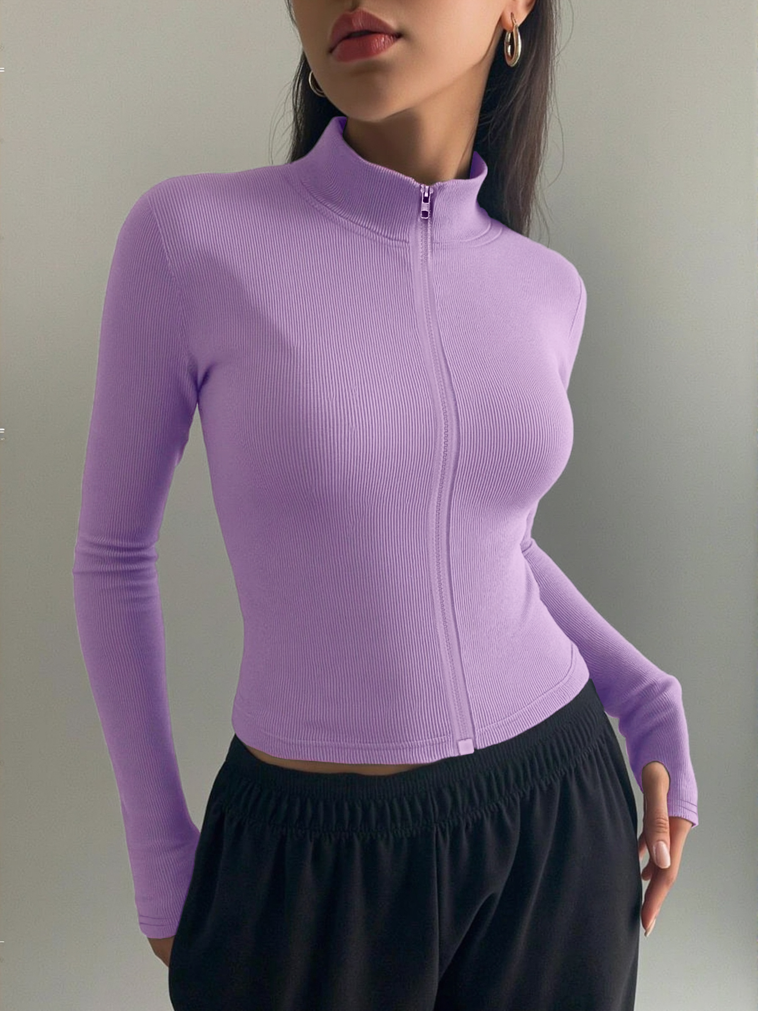 Coffee & Tea Haus - Casual Ribbed High Neck Zip-Up Top,
